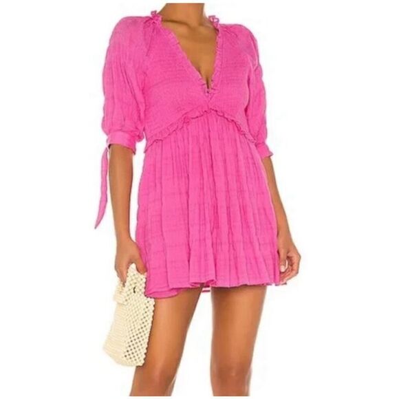 Lovers + Friends Finnegan Hot Pink Fuchsia Smocked Mini Dress V Neck Ruffle XS - Picture 1 of 8